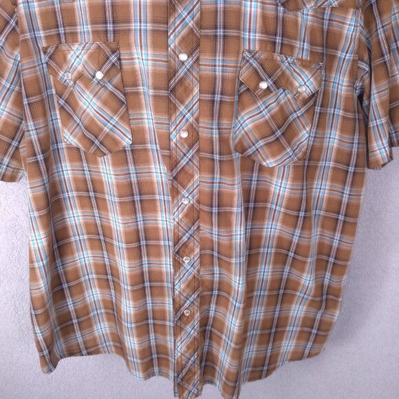 Wrangler Men’s Western XXL Snap Shirt Brown Blue Plaid Pearl Snap Short Sleeve - Picture 13 of 15